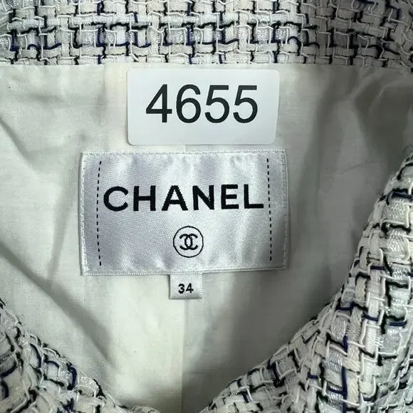 Chanel Tweed Jacket Women's 34 White & Blue Silk Blend Lining - Picture 9 of 15